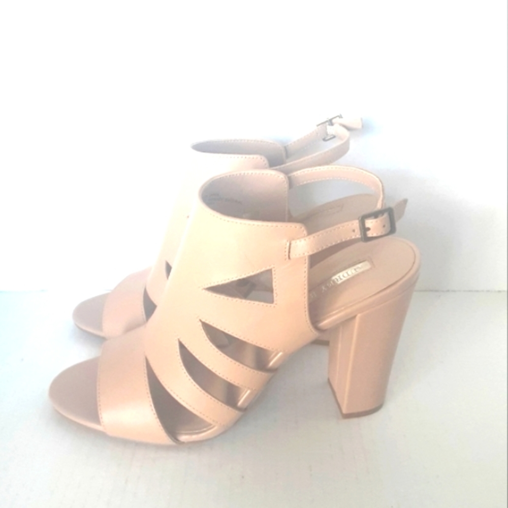 Audrey Brooke Viv Nude Cut Out Sandals With Stacked Heel